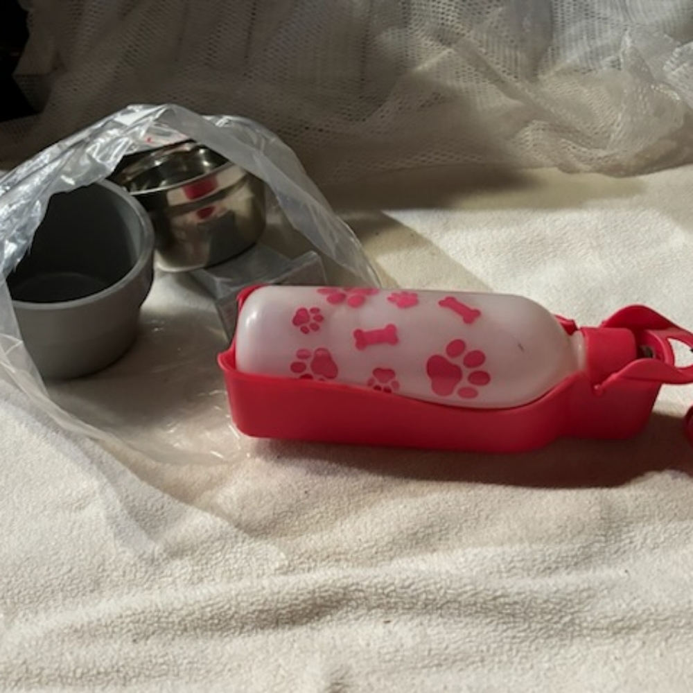 Water bottle and feeding bowls